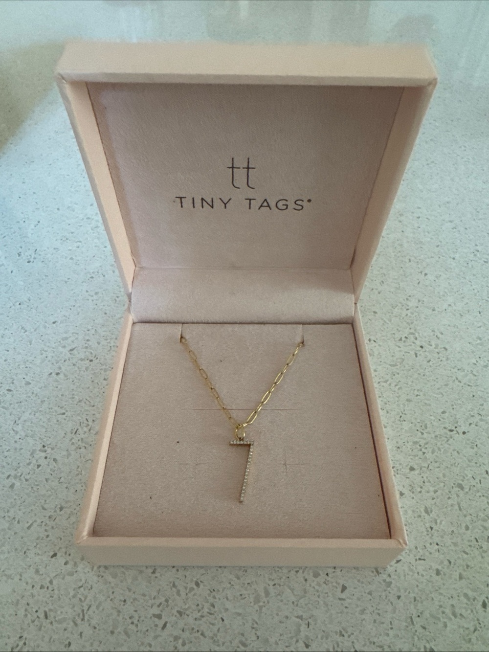 Tiny Tags Pavé Elongated Number 7 Pendant Necklace Gold Vermeil 18” Chain